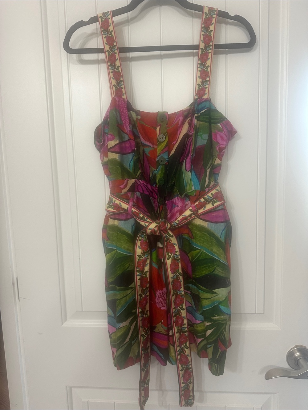 FARM Rio Multicolor Tropical Print Romper with Tie Belt - Green, Pink, Red